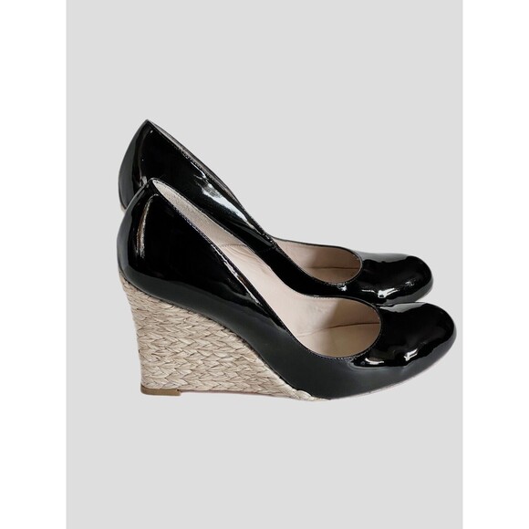 L.K. Bennett Maddox 4” Wedge Heels Black Patten Leather Jute Trim Heels Duchess - Picture 3 of 8
